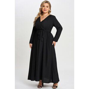Solid Black Pocket Knotted Wrap Women Dress